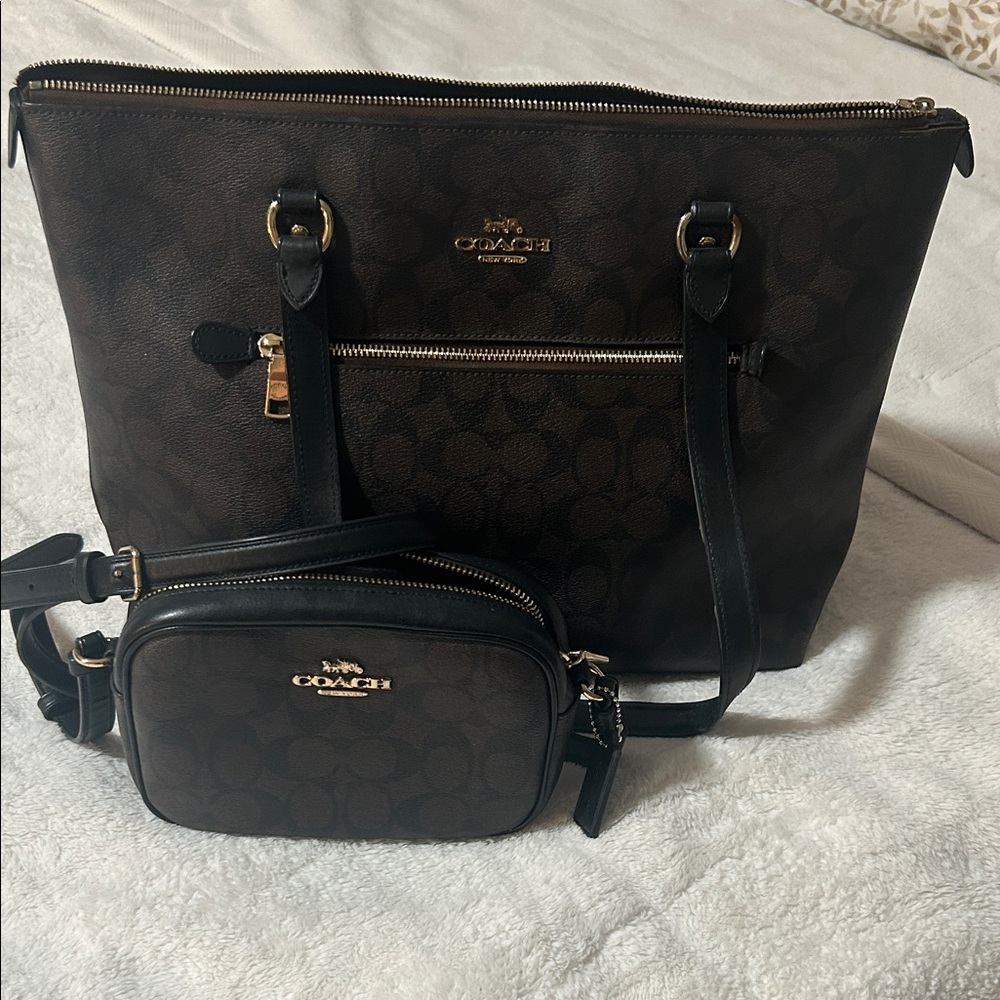 Coach Authentic Black Brown Signature Tote with Matching Crossbody